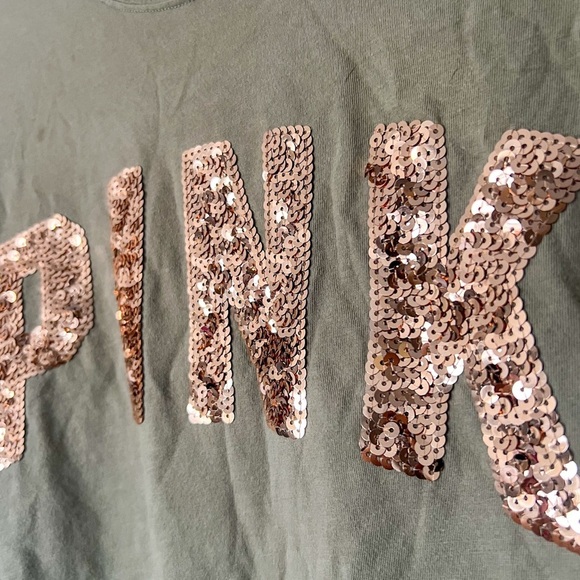 Victoria’s Secret PINK Green Sequins Bling Logo Long Sleeve Tee | M - Picture 5 of 9